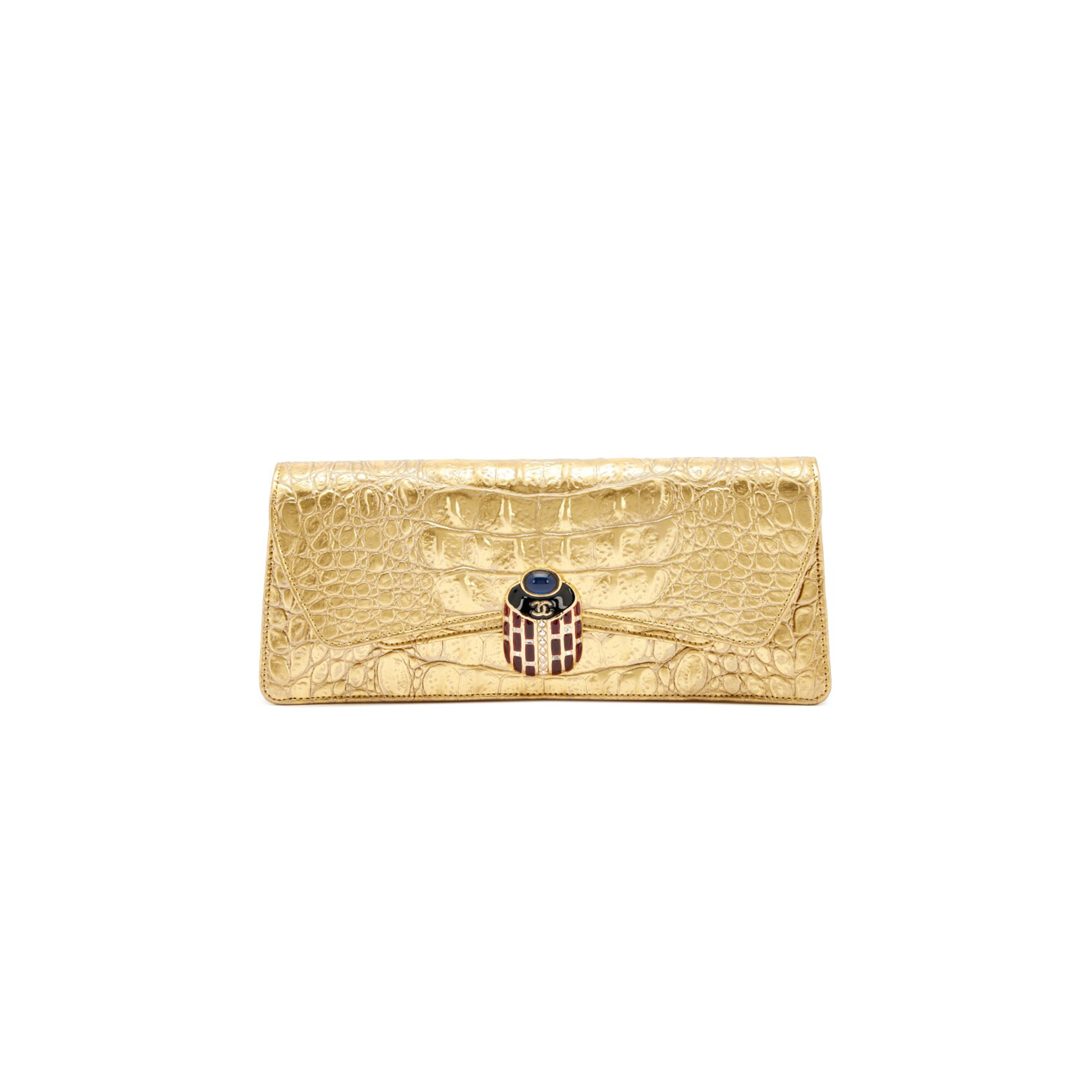 CHANEL MASTER 19A CROCODILE EMBOSSED GOLD JEWELED SCARAB CLUTCH BAG TI9 784893 (30*13*5cm)